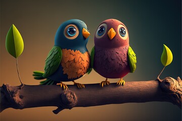 Cute Cartoon Love birds on a Branch (Generative AI)