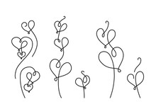 Vines With Hearts Silhouette Isolated On White Background. Line Art Style. New Design For St. Valentines Day,  Wedding Card, Border, Frame. Can Be Used As A Design Element. Vector Illustration. Set.