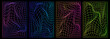 Set of distorted vertical  neon grid pattern. Retrowave, synthwave, rave, vaporwave. Blue, black, pink purple colors. Trendy retro 1980s, 90s, 2000s style. Print, poster, banner.	