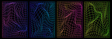 Set Of Distorted Vertical  Neon Grid Pattern. Retrowave, Synthwave, Rave, Vaporwave. Blue, Black, Pink Purple Colors. Trendy Retro 1980s, 90s, 2000s Style. Print, Poster, Banner.	