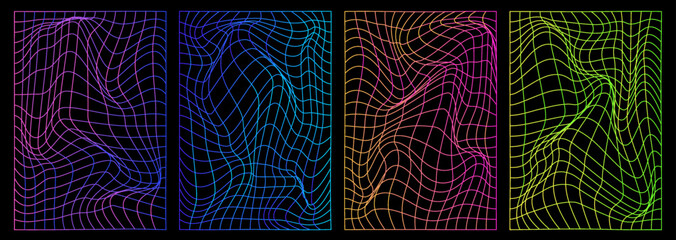 Wall Mural - set of distorted vertical neon grid pattern. retrowave, synthwave, rave, vaporwave. blue, black, pin