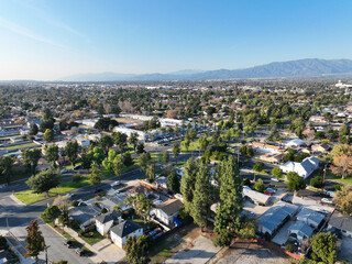 Wall Mural - Aerial view of Ontario city in California with mountains in the background, California, USA