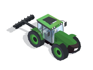 isometric farm green tractor. inventory for harvesting from fields and its transportation, logistic.