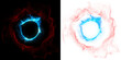 Magical fire light effect on transparent or black background. Lightning ring circle frame with plasma portal. round light effects in blue and red hologram neon circles.