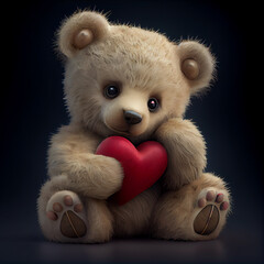 Wall Mural - Cute teddy bear with heart, love and valentine's day card, 3d render illustration