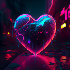 Wall Mural - Cyberpunk heart with neon lights, futuristic heart love 3d render illustration