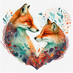 Wall Mural - Cute fox couple in love with hearts, watercolor illustration