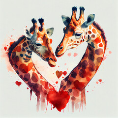 Wall Mural - Cute giraffe couple in love with hearts, valentine's day card, watercolor illustration