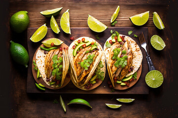 Wall Mural - Top view of tacos with grilled chicken, avocado, fresh salsa, and limes on a rustic wooden backdrop. lunch for company that is low in carbs and fat. Concept of dieting and weight loss. Generative AI