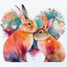 Cute Rabbit Or Bunny Couple In Love With Hearts, Watercolor Drawing Illustration