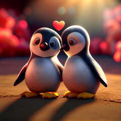 Wall Mural - Cute penguin couple in love with hearts, 3d render cartoon illustration