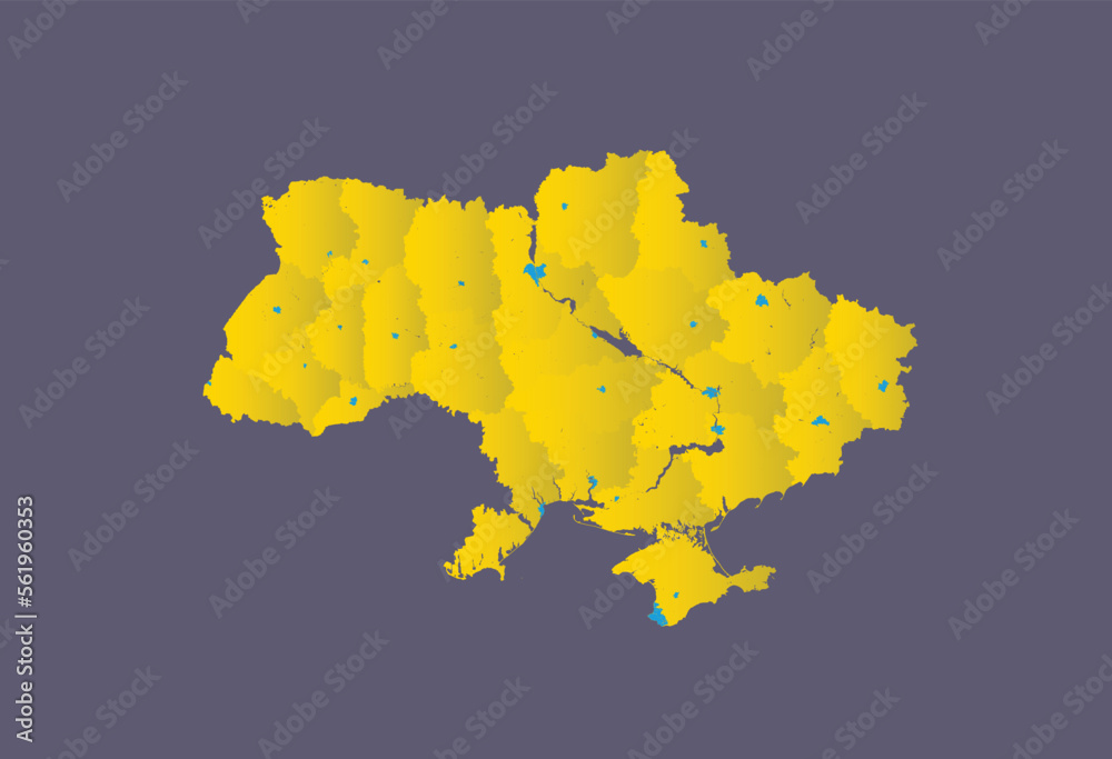 Map of Ukraine with rivers and lakes. The map shows oblasts and small ...