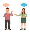 © Tenstudio - Young people talking between business man and woman having conversation with speech bubbles