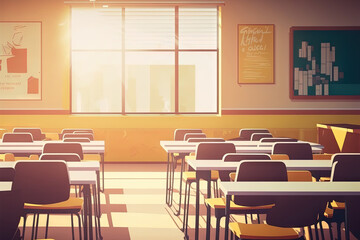 Wall Mural - School classroom in blur background without young student; Blurry view of elementary class room no kid or teacher with chairs and tables in campus. Generative AI