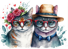 Couple Cat Watercolor Valentine's Day - Generated AI
