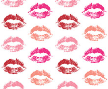 Vector Seamless Pattern Of Different Color Lipstick Lips Kiss Isolated On White Background