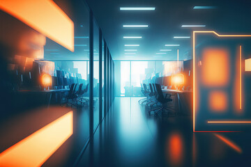 concept of an abstract blurry modern office environment with a blue background and an orange shine l