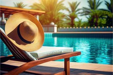 Lounger With Sun Hat And Swimming Pool In Luxury
