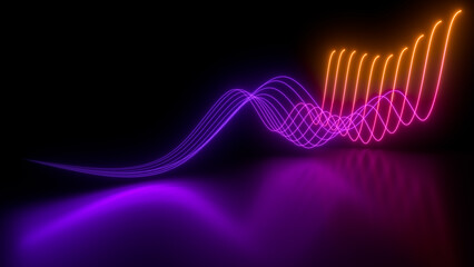 Fototapete - Sci Fy neon glowing wave lines in a dark hall. Reflections on the floor. Empty background in the center. 3d rendering image. Abstract glowing lines. Techology futuristic background.