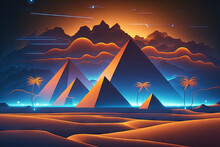 Pyramids And Light Effects In An Abstract Night Landscape. Future Nighttime Scenery With Lights, Sand, Waves, And A Desert. Future World As Modern Abstraction. Illustration. Generative AI