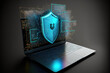 © 2rogan - Computer on a laptop with the concepts of data protection, cyber security, information safety, and encryption. Internet business and technology concept, mockup with space for copy. Generative AI