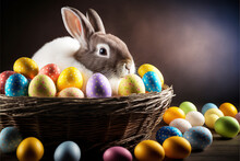 Easter Eggs And Bunny In Basket Greeting Celebrate In Easter Day. Generative AI