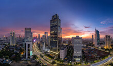 Jakarta Panoramic From Sudirman Street View During The Golden Hour. Jakarta Is Capital City Of Indonesia Before It Be Moved To Kalimantan. 