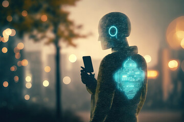 Wall Mural - Chatbot concept. Robot and man mesh on double exposure of man using smart phone and bokeh light. Generative AI