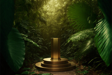 Wall Mural - Wood pedestal in tropical forest for product presentation, Generative ai