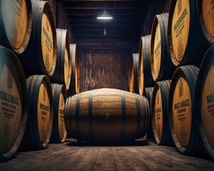 Wall Mural - Alcohol barrel room interior. Fictitious text. Generative AI