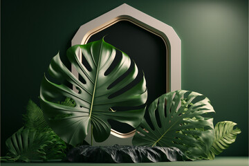 Wall Mural - Podium display with tropical leaf on green, Generative ai