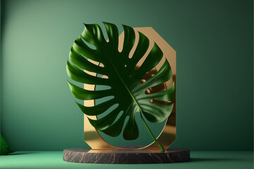 Wall Mural - Podium display with tropical leaf on green, Generative ai