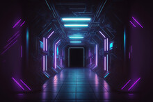 Rectangle Laser Blue Purple Glowing Sci Fi Neon Frame Concrete Reflective Floor Texture Metallic Cyberpunk Cyber Synth Tunnel Corridor Garage Warehouse In Virtual Reality Background Dark. Generative