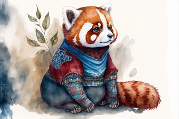 Wall Mural - Baby red panda sitting  watercolor, Generative AI