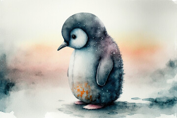 Wall Mural - Baby penguin standing walking  watercolor, Generative AI