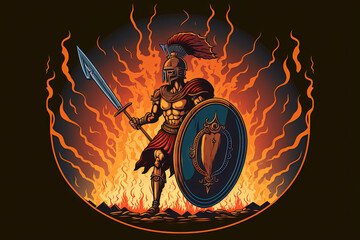 Illustration of a mythical Spartan ruler wielding a shield and spear against a background of a flaming battlefield. Generative AI