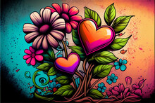 Illustration Of Colorful Hearts And Flowers Painted In Graffiti Style. Valentine Day Background Idea, Cool Wallpaper - Generative AI Illustration