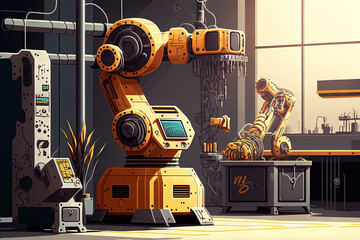 Poster - Industry 4.0 concept image of a large automation robot arm machine in an industrial smart plant. Generative AI