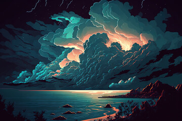 Wall Mural - Thunderstorms and large cumulus clouds at night over the Black Sea. Generative AI