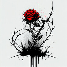 Generative AI Illustration Of Roses And Thorns Made With Ink, Black And Red Details