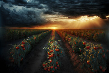 Wall Mural - Tomatoes field and sunset in low dramatic clouds. South Ukraine agriculture field. Generative AI