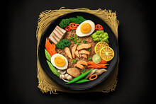Pancit Bihon In Black Bowl On Dark Slate Table Top. Filipino Cuisine Noodles Dish With Pork Belly, Chicken, Vegetables. Asian Food. Top View. Copy Space. Generative AI