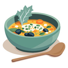 A Large Bowl Of Homemade Soup And A Spoon. Cook Asian Food. Flat Vector Illustration.