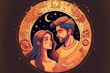 Canvas Print - Horoscope concept, couple guy and girl on the background of a circle with the signs of the zodiac, astrology. Conceptual photo of a couple with perfect match between the signs of the zodiac