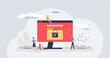 Ransomware hacker attack to encrypted personal files tiny person concept. Computer infection risk with device privacy threat to extort cryptoviral money vector illustration. Web victim with lock alert
