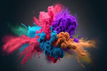 Canvas Print - explosion of flower shaped colorful powder. Exploding color powder in slow motion. Illustration. Generative AI