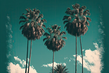 Canvas Print - Vintage toned and stylised palm trees against a blue sky, palm trees along a tropical coast, coconut trees, summer trees, and retro. Generative AI