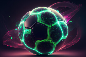 Soccer Ball in Panoramic Futuristic Neon Style. Generative AI
