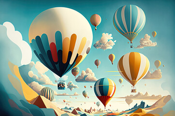  Beautiful hot air balloons in the blue sky and clouds. 