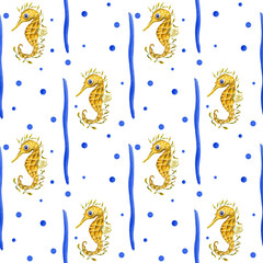 Wall Mural - Watercolor underwater seamless pattern of seahorses on white background. Print for design, banner, background, menus, souvenirs, decor, wallpaper, fabric, textile, wrapping.